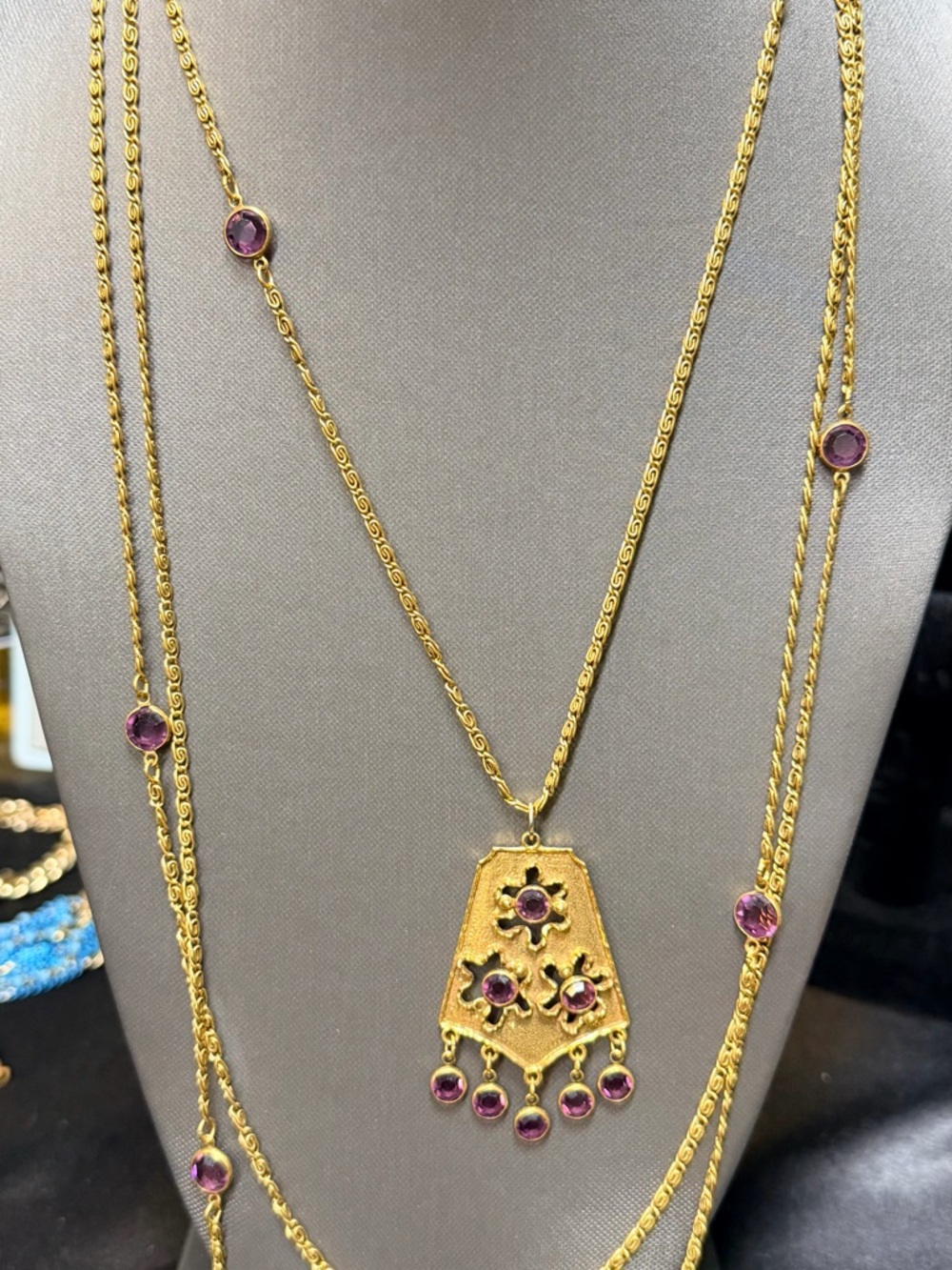 Stunning Signed GOLDETTE Necklace with purple gems Accents 18in drop womeJewelry
